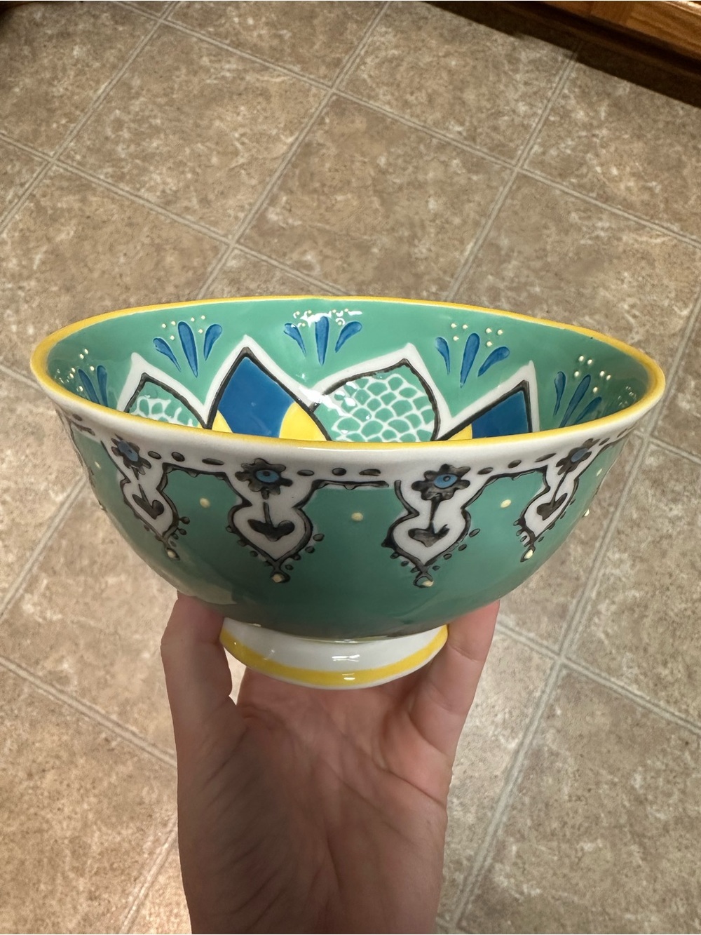 Anthropologie Ceramic Cereal Bowl Teal Yellow Blue